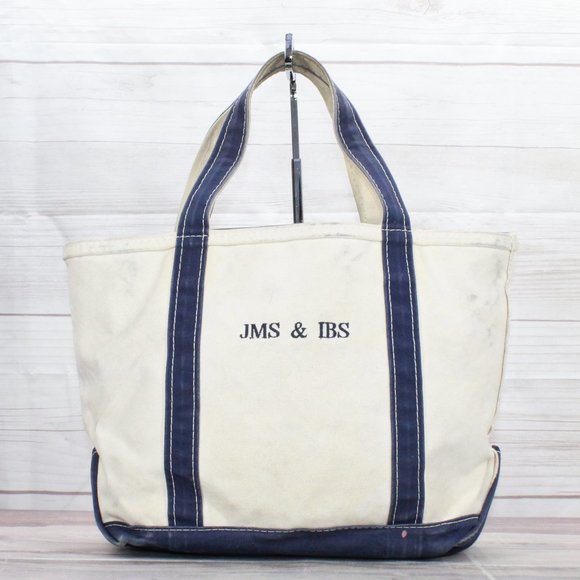 L.L. Bean Handbags - LL BEAN Boat & Tote Cream Canvas Blue Trim JMS & IBS Zip Top Purse Tote Handbag